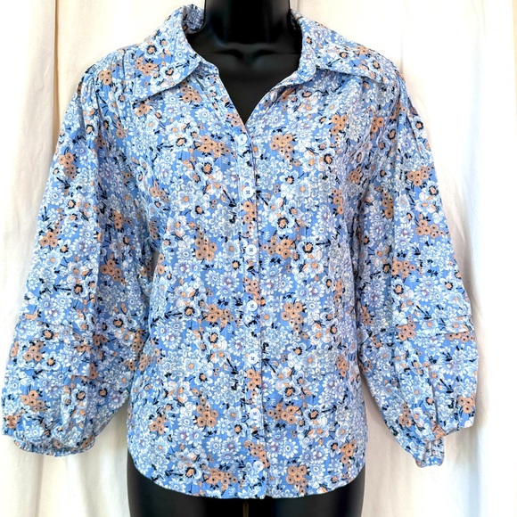 Free People Button Down Balloon Sleeve Floral Collared V-Neck Womens Sz S/P Top - Picture 1 of 6